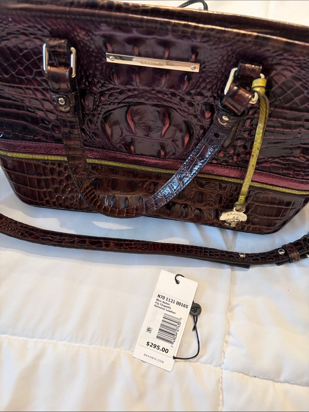 Brahmin Croc-Embossed Satchel in Burgundy with Pink and Yellow Accent - Picture 3 of 3
